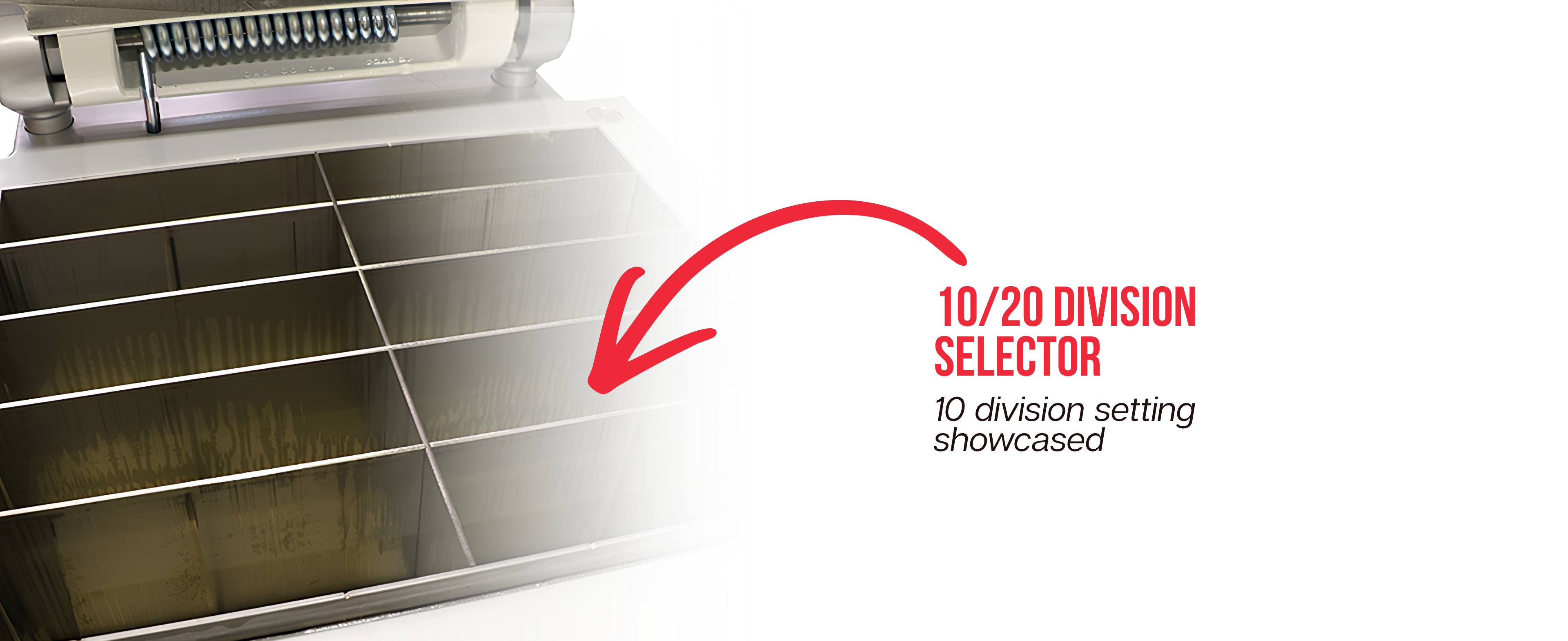 10-division selector setup inside a square-tank JAC Tradiform hydraulic dough divider & moulder, illustrating optional 10/20 portion flexibility on supported models.