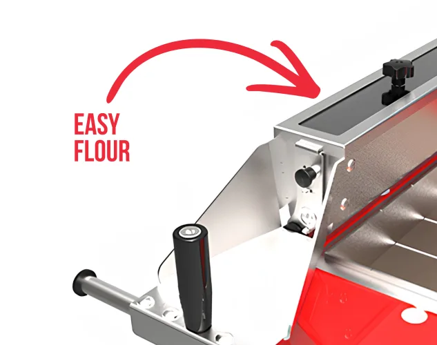 Optional Flour Duster on the JAC DIV Hydraulic Dough Divider Series, using the Easyflour integrated flour dispenser to support adjustable flour application during dough dividing.
