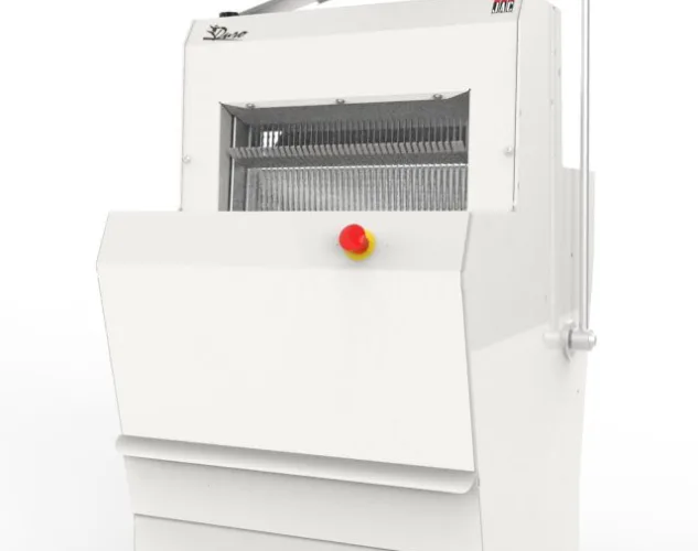 Angled product image of the JAC Duro 450 semi-automatic bread slicer used in professional bakeries for slicing cooled bread loaves.