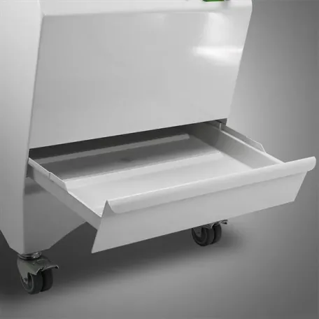 Close-up image of the crumb tray on the JAC Duro semi-automatic bread slicer, highlighting the front-access crumb collection feature used in professional bakery slicing workflows.