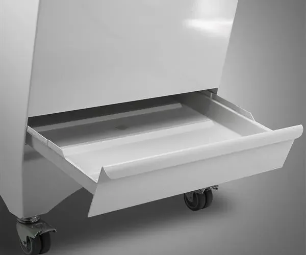 Close-up image of the crumb tray on the JAC Duro semi-automatic bread slicer, highlighting the front-access crumb collection feature used in professional bakery slicing workflows.