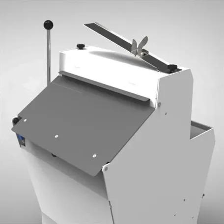 Rear upper detail image of the JAC Duro semi-automatic bread slicer showing the optional rear safety cover area and operator-side lever assembly used in professional bakery loaf slicing.