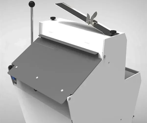 Rear upper detail image of the JAC Duro semi-automatic bread slicer showing the optional rear safety cover area and operator-side lever assembly used in professional bakery loaf slicing.