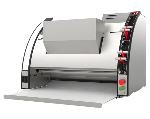 Angled side view of the JAC Unic French Bread Moulder showing the machine profile, controls, and outfeed table.