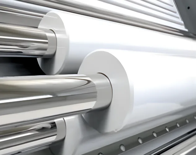 Close-up of the food-grade sheeting rollers on the JAC Unic French Bread Moulder.