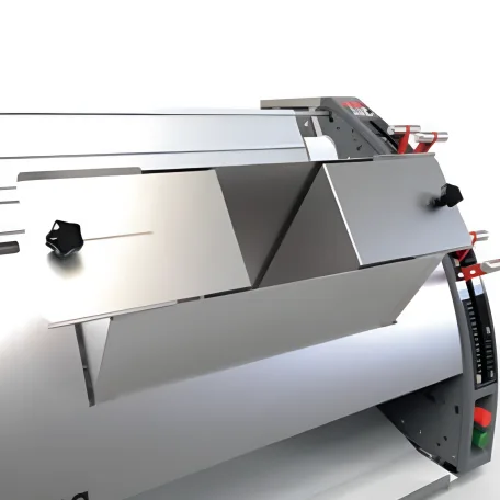 Close-up of the JAC Unic French Bread Moulder infeed guides used to help center dough pieces at entry.