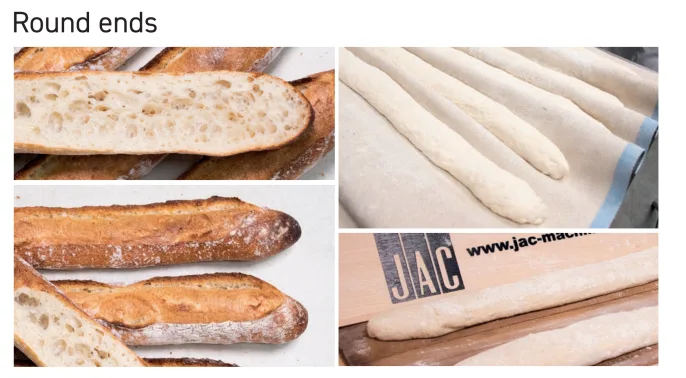 Round-end baguettes and proofed dough pieces illustrating the shaping results of the JAC Unic French Bread Moulder.