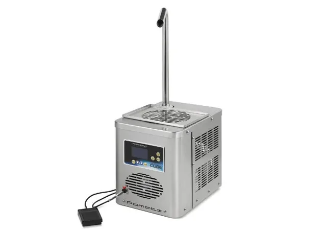 Pomati Cube tabletop chocolate melting machine with dispensing spout and foot control