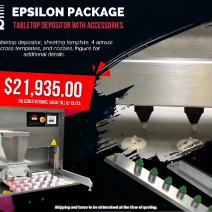 Erika Baking Equipment is proud to offer our highly competitive MONO Epsilon tabletop confectionery depositor package for only $21,935 valid through 8/15/23.