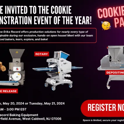 Erika Baking Equipment will be hosting a cookie production open house on May 20, 2024. This includes live demonstrations of our Formatic Cookie Machine, Janssen Cookie Machine, and MONO confectionery depositors with a bonus enrobing session!