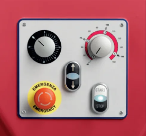 Z.Matik ZEUS Planetary Mixer control panel with variable speed dial, timer, automatic bowl lift controls, and emergency stop button, distributed by Erika Baking Equipment.