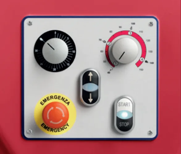 Z.Matik ZEUS Planetary Mixer control panel with variable speed dial, timer, automatic bowl lift controls, and emergency stop button, distributed by Erika Baking Equipment.