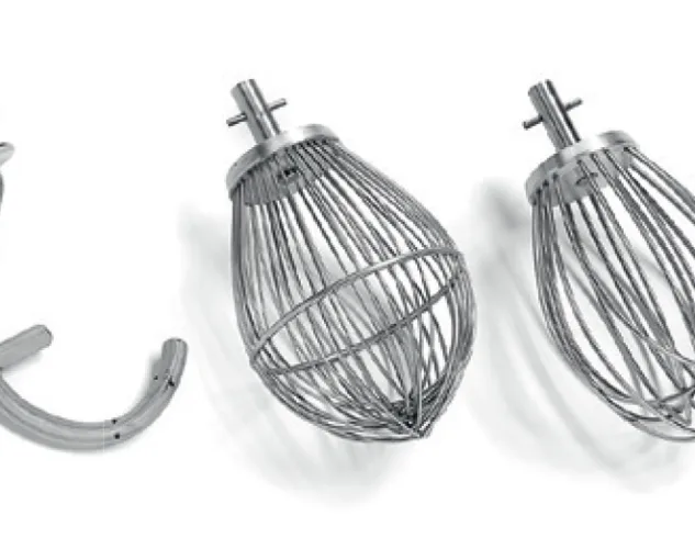 Z.Matik ZEUS Planetary Mixer stainless-steel attachments including whisk, paddle, and dough hook, distributed by Erika Baking Equipment.