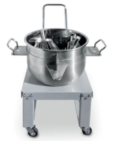 Z.Matik ZEUS Planetary Mixer stainless-steel bowl trolley with mixing bowl and tool attachments, distributed by Erika Baking Equipment.