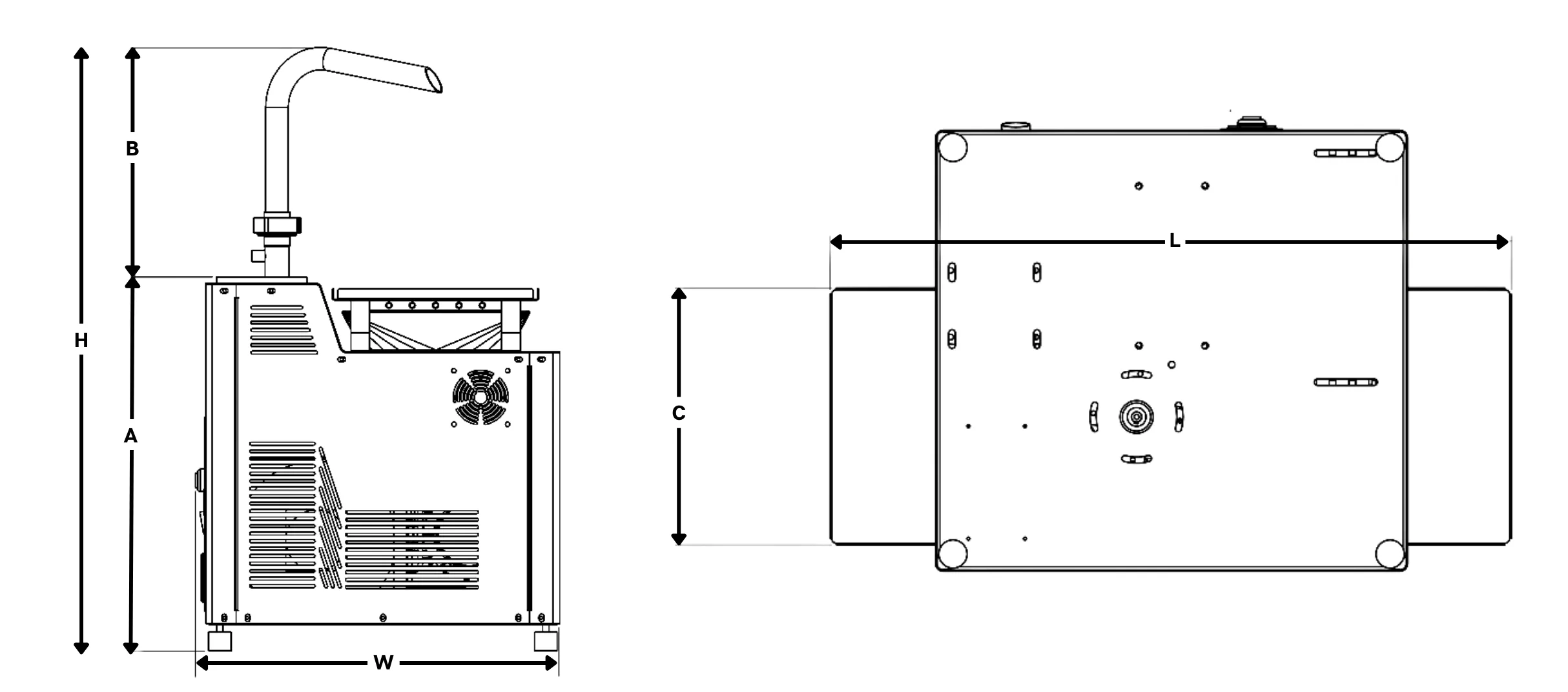 Technical dimensions drawing of the Bilait Adam K6 tabletop chocolate tempering machine showing height, width, and length measurements.