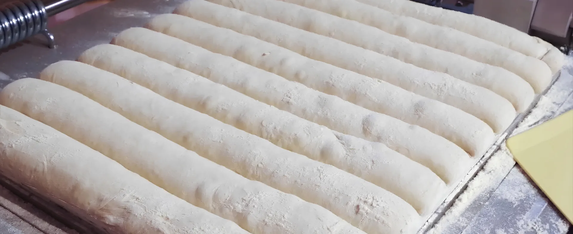 Long flour-dusted dough pieces formed in parallel grid channels for bread production. This is a close-up of long dough pieces formed in the JAC Tradiform grid system during divider-moulder production in a commercial bakery.