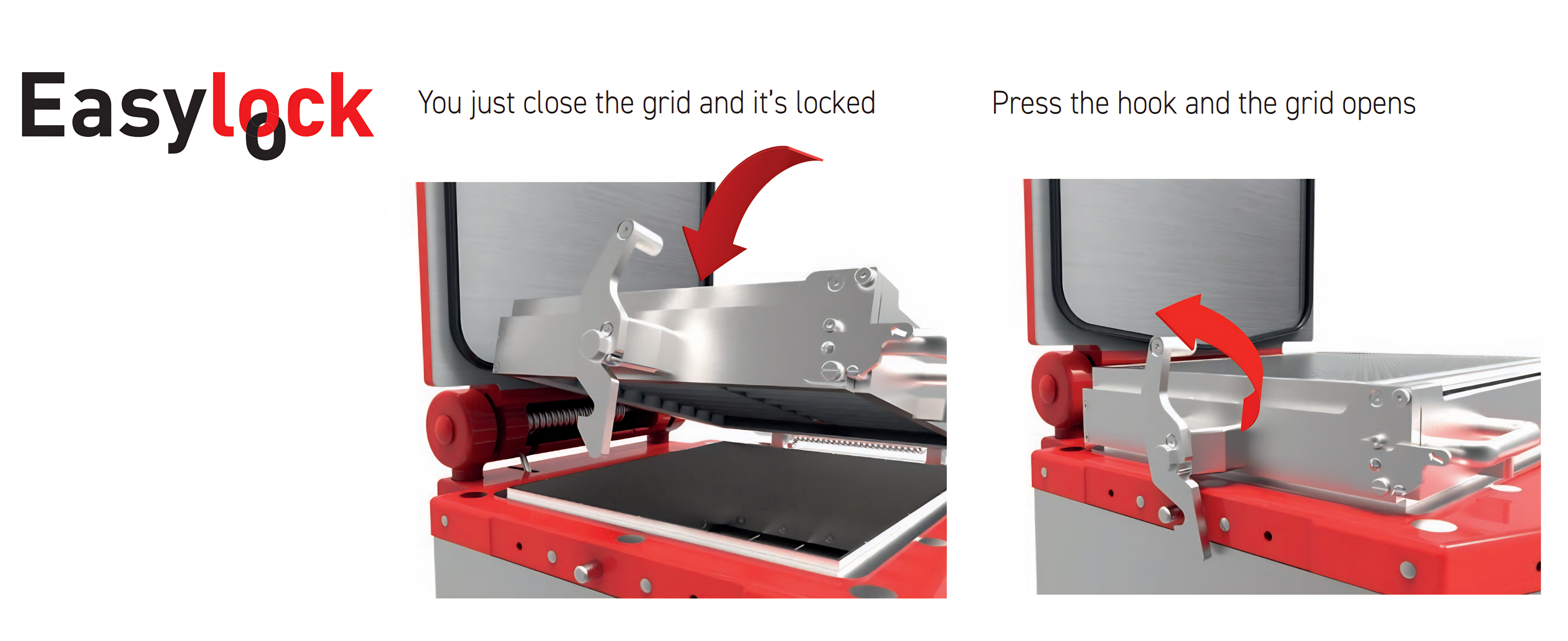 Grid technology graphic for the JAC Tradiform showing how the Easylock system locks the grid in place and releases it for faster moulding changeovers.