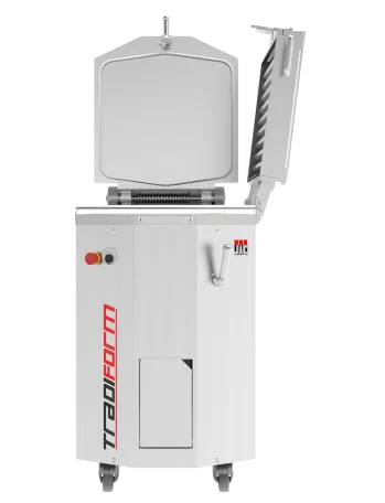 Front-view product image of the JAC Tradiform hydraulic dough divider and moulder, showing the machine in open-lid configuration with the moulding frame raised for bakery production.