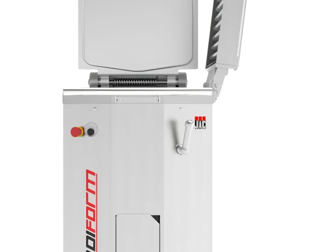 Front-view product image of the JAC Tradiform hydraulic dough divider and moulder, showing the machine in open-lid configuration with the moulding frame raised for bakery production.