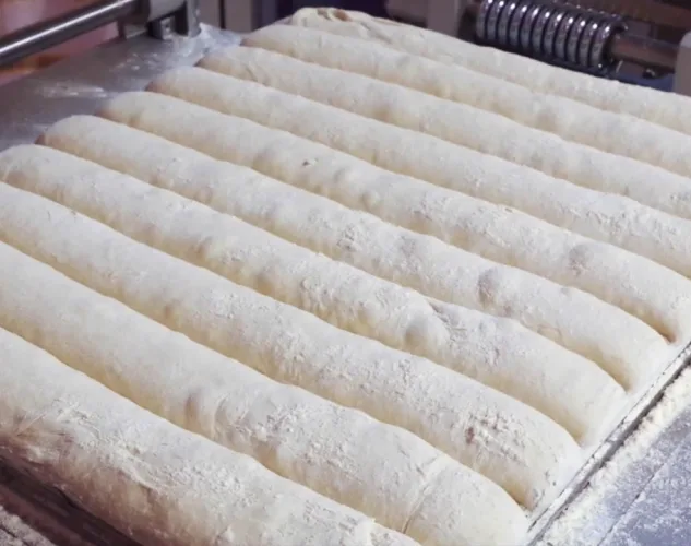 Close-up gallery image of long dough pieces formed in the JAC Tradiform moulding grid during long-product bread production.