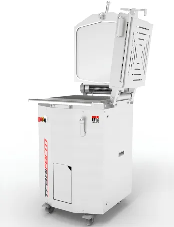 Side-angle product image of the JAC Tradiform hydraulic dough divider and moulder, showing the machine in open-lid production configuration with the moulding frame raised.