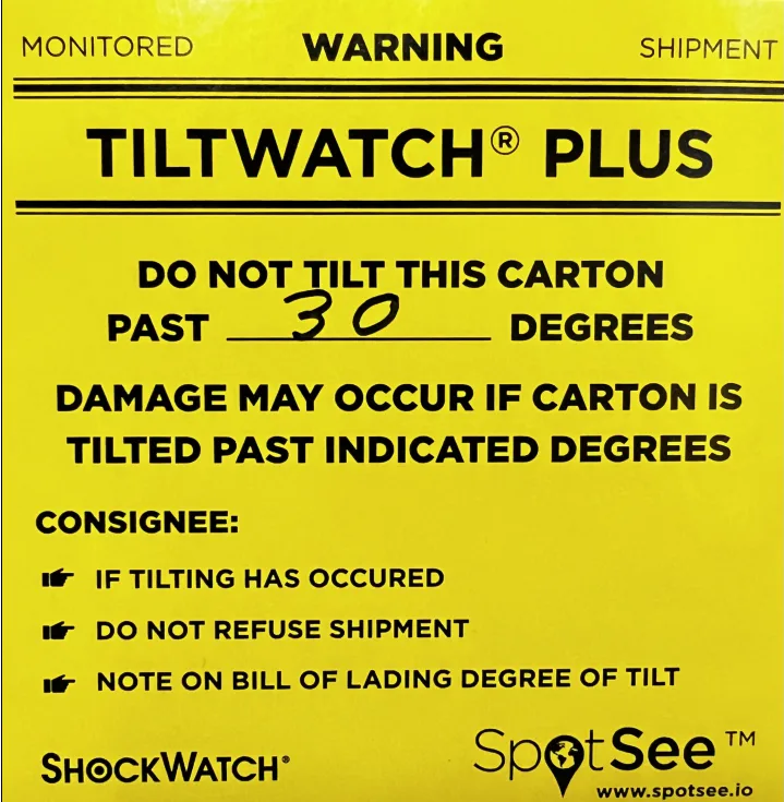 TiltWatch Plus 30 degree warning notice for equipment shipment receiving inspection