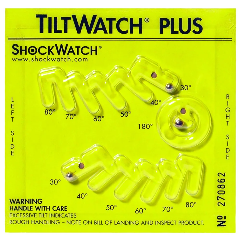 TiltWatch Plus indicator used to show whether an equipment shipment tilted during transit