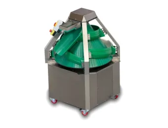 Colbake CR Conical Rounder on a white background. This is the full machine with its green cone and rounding channels, stainless steel frame and casters.